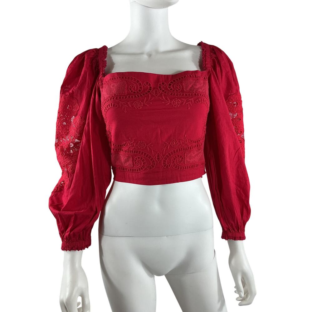 Farm Rio Embroidered Red Eyelet Blouse Size XS